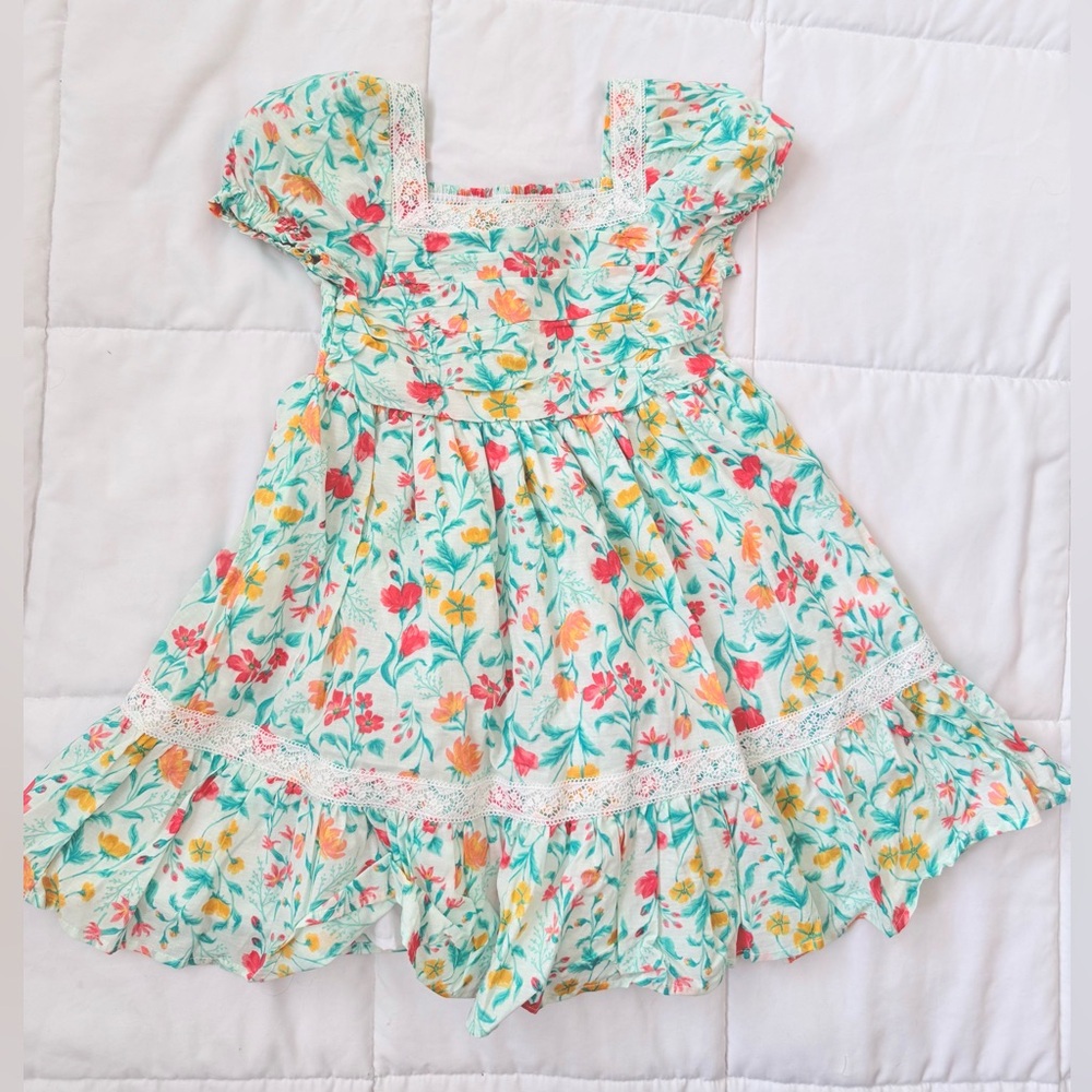 Floral Kids Dress with Lace Trim